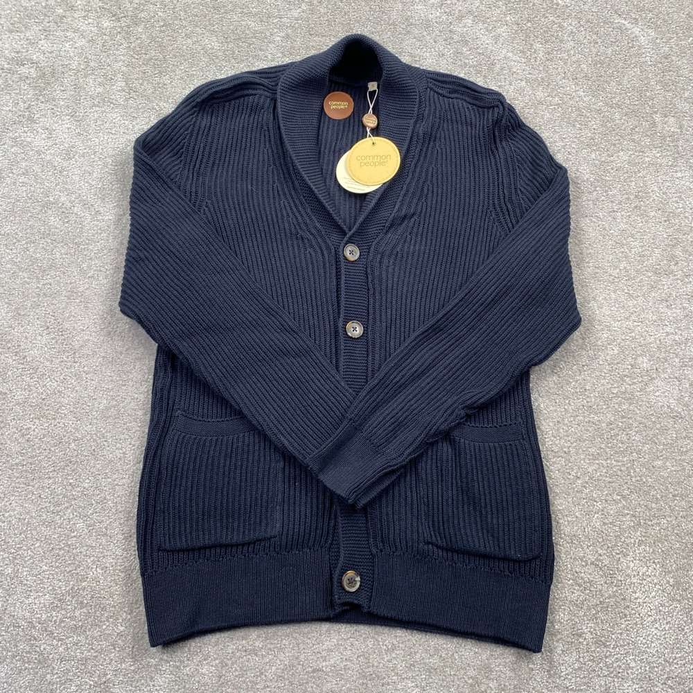 Common People Shawl Collar Cardigan Mens Size S Navy Blue Ribbed Cotton Sweater